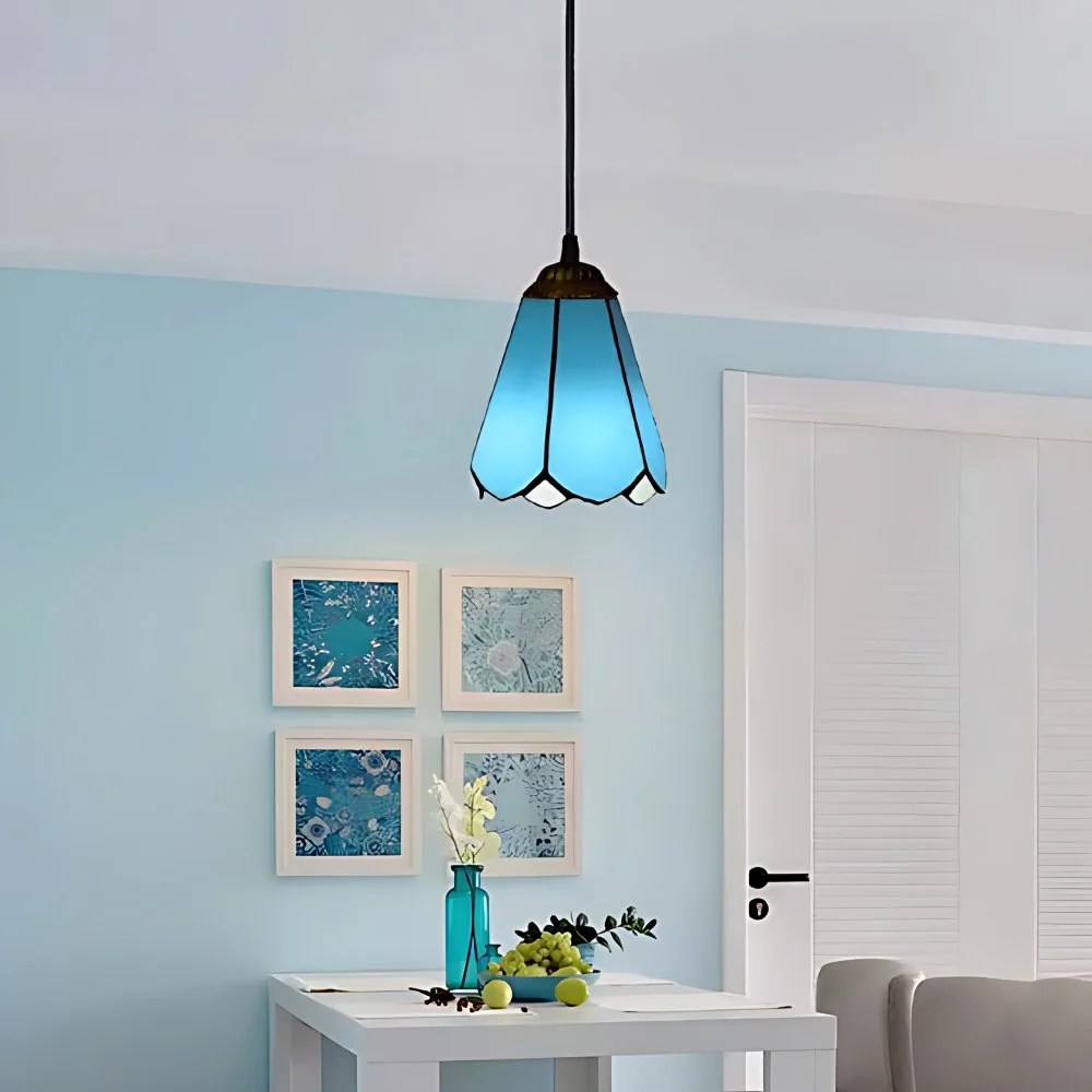 Tiffany Blossom Down Portatif Suspension 1 lumière bleu/blanc lampe à Suspension de plafond en verre pour le salon