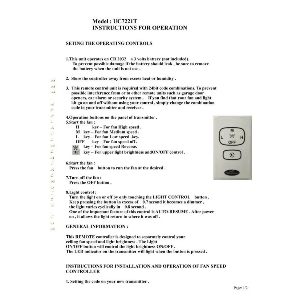 Télécommande pour ventilateur de plafond Anderic UC7221T / KUJCE10601 à 3 vitesses - RR7221T