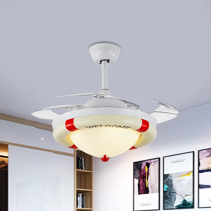 Ventilateur de plafond LED noir/rouge, éclairage pour enfants, dôme en acrylique, 4 pales, semi-encastré avec mur/télécomm...