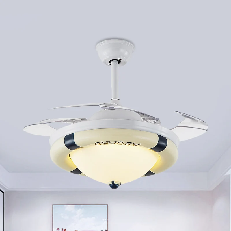 Ventilateur de plafond LED noir/rouge, éclairage pour enfants, dôme en acrylique, 4 pales, semi-encastré avec mur/télécomm...