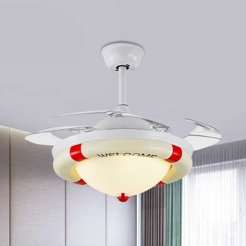 Ventilateur de plafond LED noir/rouge, éclairage pour enfants, dôme en acrylique, 4 pales, semi-encastré avec mur/télécomm...