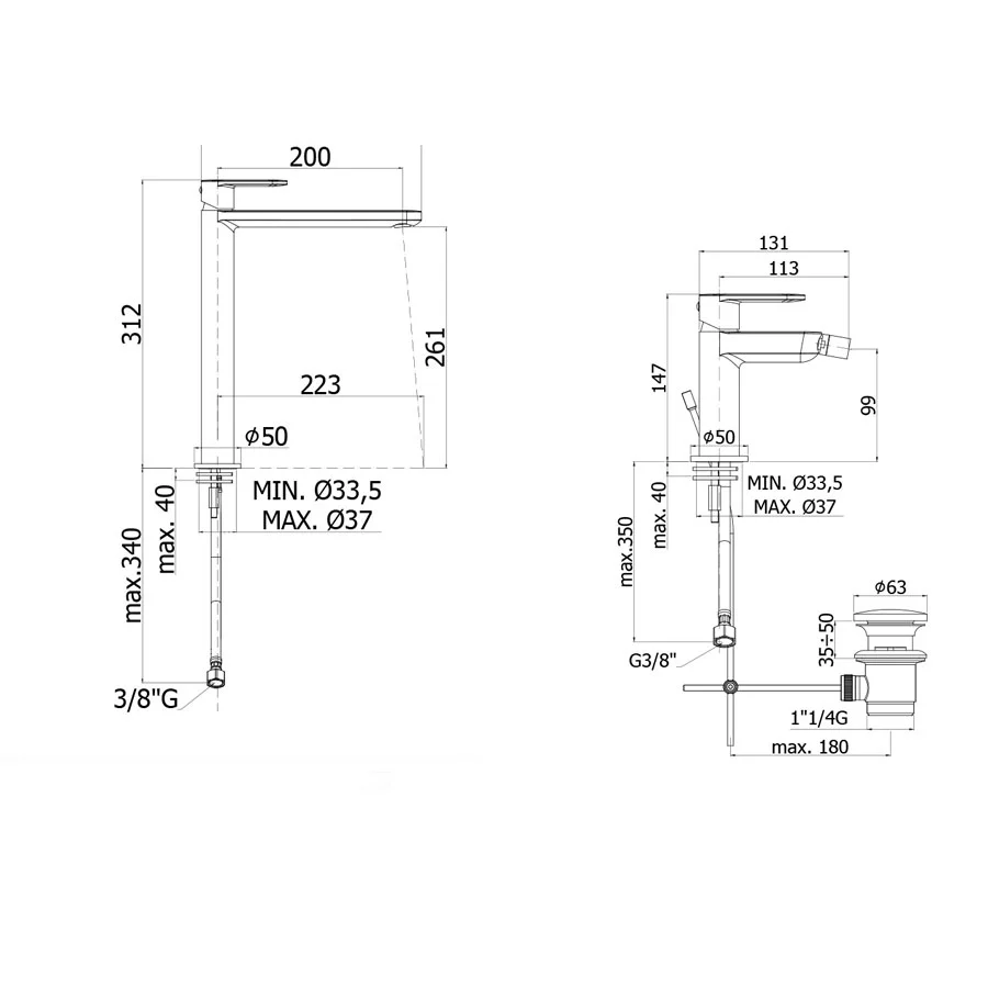 HID à allumage rapide Paffoni Candy mitigeur lavabo haut + bidet avec vidage