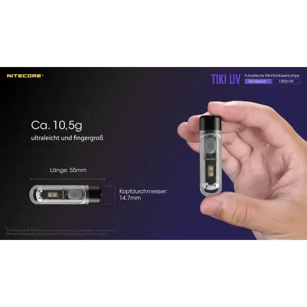 Longue Durée de Vie NITECORE TORCHE LED TIKI UV, 1 000 mW (batterie incluse)