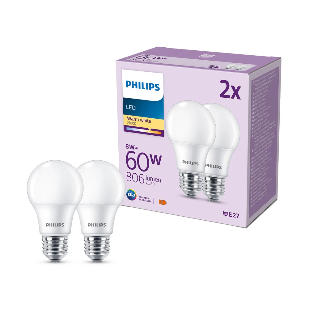Économie d'Énergie Philips ampoule LED E27 8W 806lm 2 700K mate x2