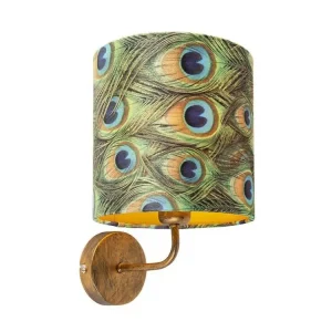 Applique ancien or avec abat-jour velours 20/20/20 paon - Matt avec ampoule LED incluse