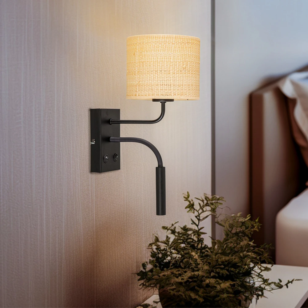 Applique Jovin à 1 lampe, spot, abat-jour en rotin pour miroir de salle de bain