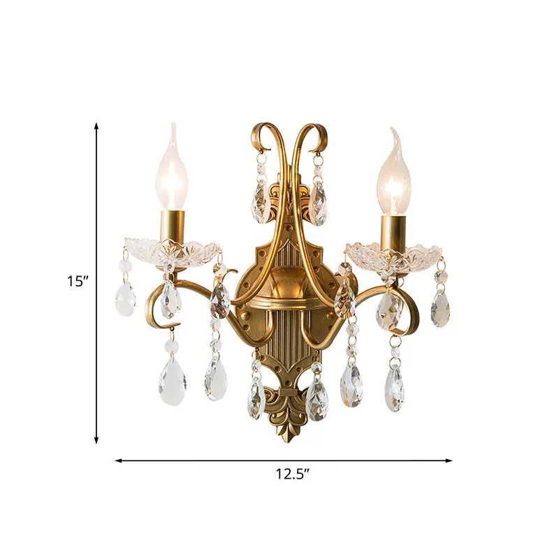 Applique murale chandelier à 1/2 lumières, lampe murale en fer doré antique avec drapé en cristal avec interrupteur intégré