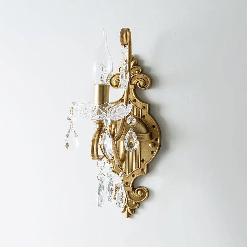 Applique murale chandelier à 1/2 lumières, lampe murale en fer doré antique avec drapé en cristal avec interrupteur intégré