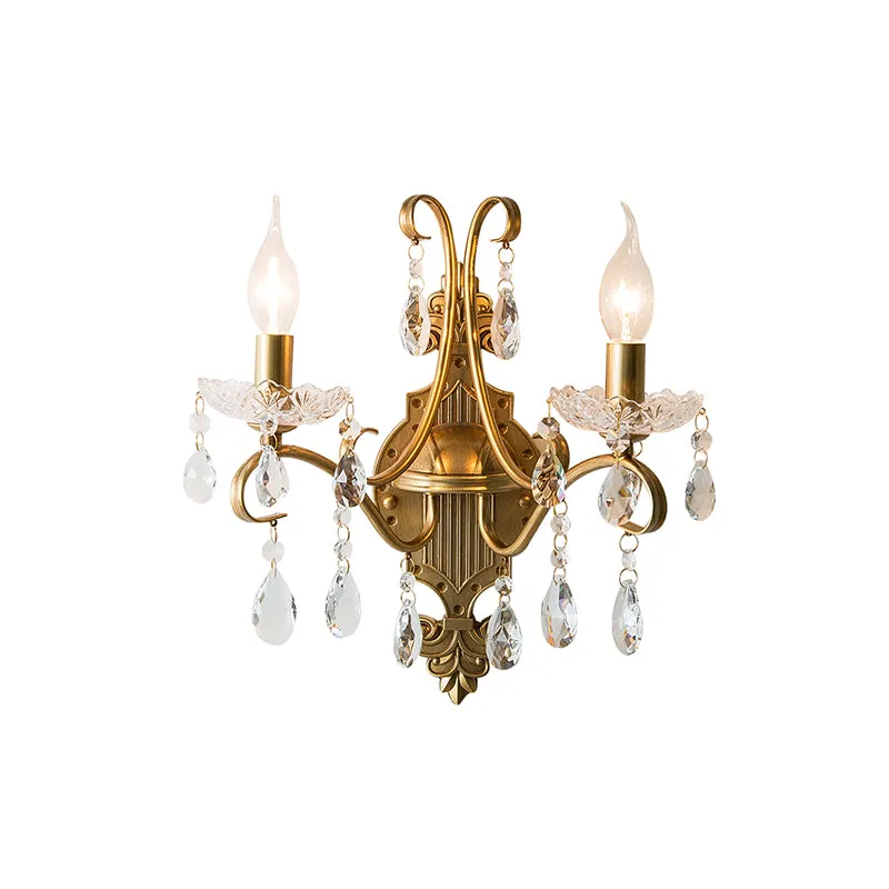 Applique murale chandelier à 1/2 lumières, lampe murale en fer doré antique avec drapé en cristal avec interrupteur intégré