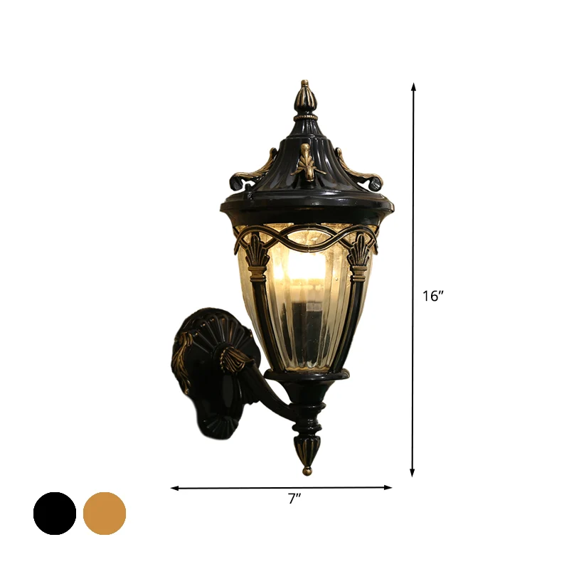 Applique murale en forme d'urne à 1 ampoule, luminaire Loft en laiton/métal noir avec abat-jour en verre nervuré diaphane
