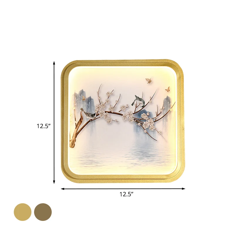 Applique murale LED en asie, lumière dorée/kaki, peinture de lac et de branches de fleurs, éclairage avec abat-jour en tis...