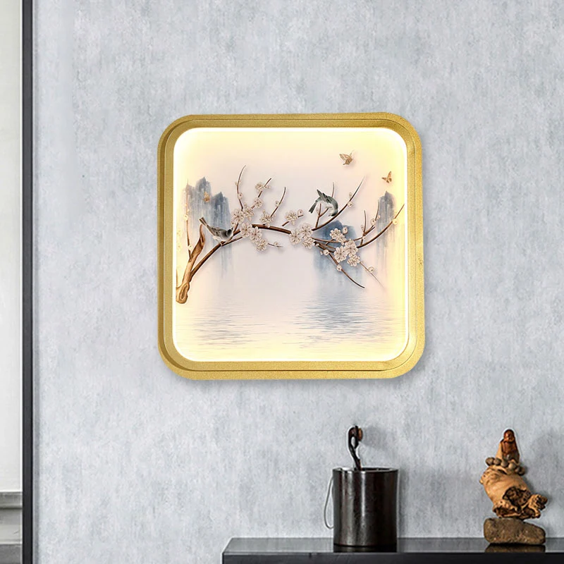 Applique murale LED en asie, lumière dorée/kaki, peinture de lac et de branches de fleurs, éclairage avec abat-jour en tis...