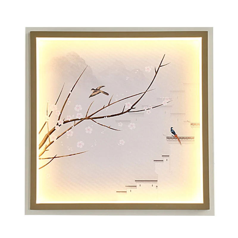 Applique murale LED en asie, lumière dorée/kaki, peinture de lac et de branches de fleurs, éclairage avec abat-jour en tis...