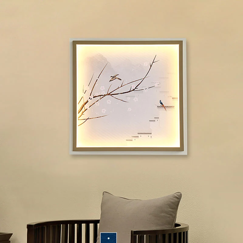 Applique murale LED en asie, lumière dorée/kaki, peinture de lac et de branches de fleurs, éclairage avec abat-jour en tis...