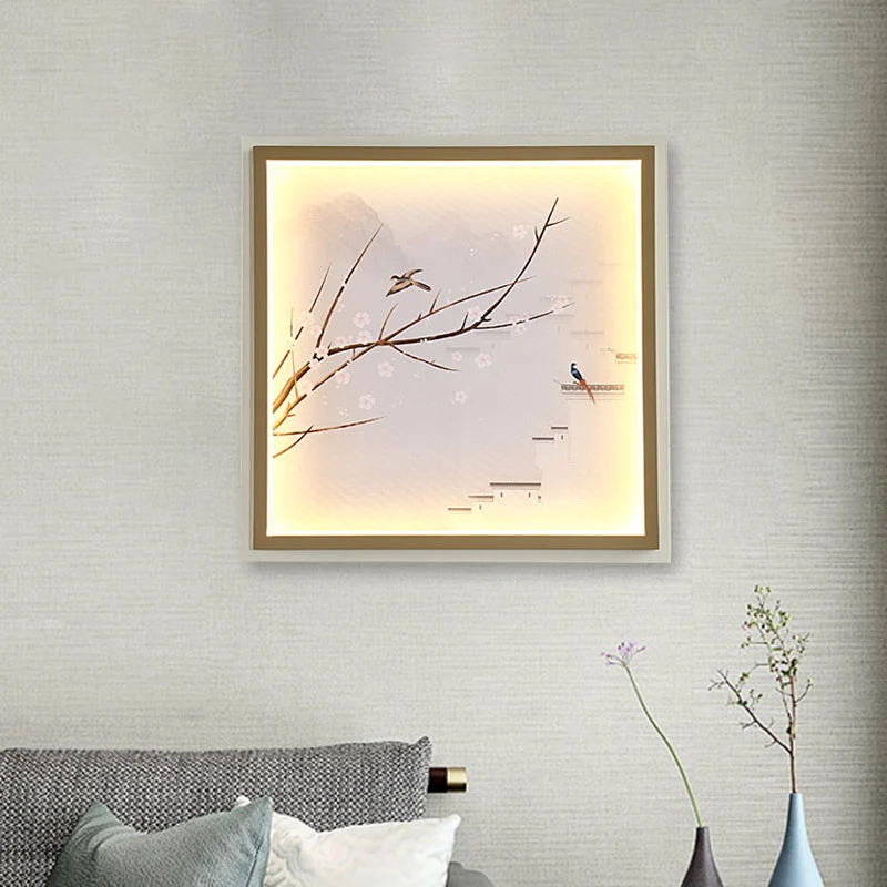 Applique murale LED en asie, lumière dorée/kaki, peinture de lac et de branches de fleurs, éclairage avec abat-jour en tis...