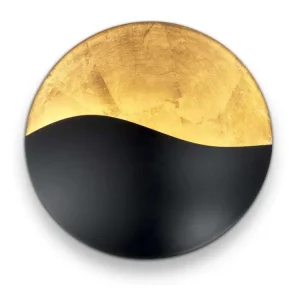 Applique ronde en métal noir et feuille d'or en verre opalin