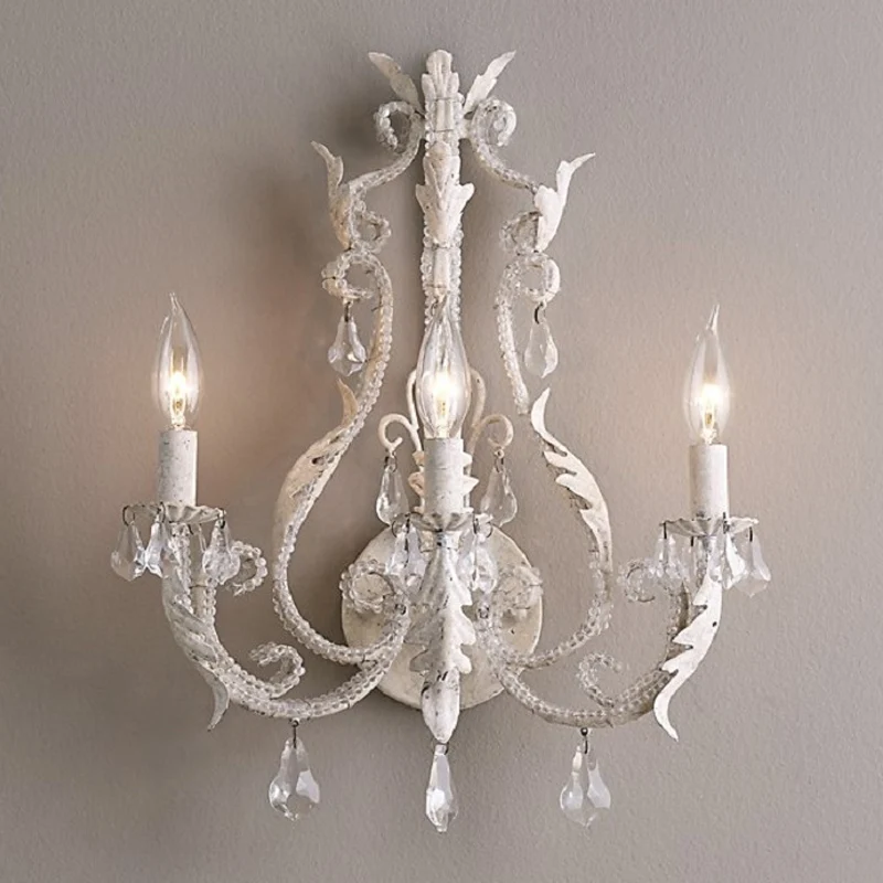 Applique à variateur Applique murale en perles de cristal, 3 ampoules, éclairage rustique, chandelier blanc/gris, luminair...