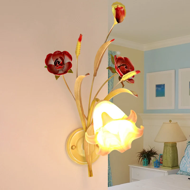 Applique à variateur Applique murale Rose pastorale, 1/2 ampoules, luminaire mural en métal blanc pour chambre à coucher