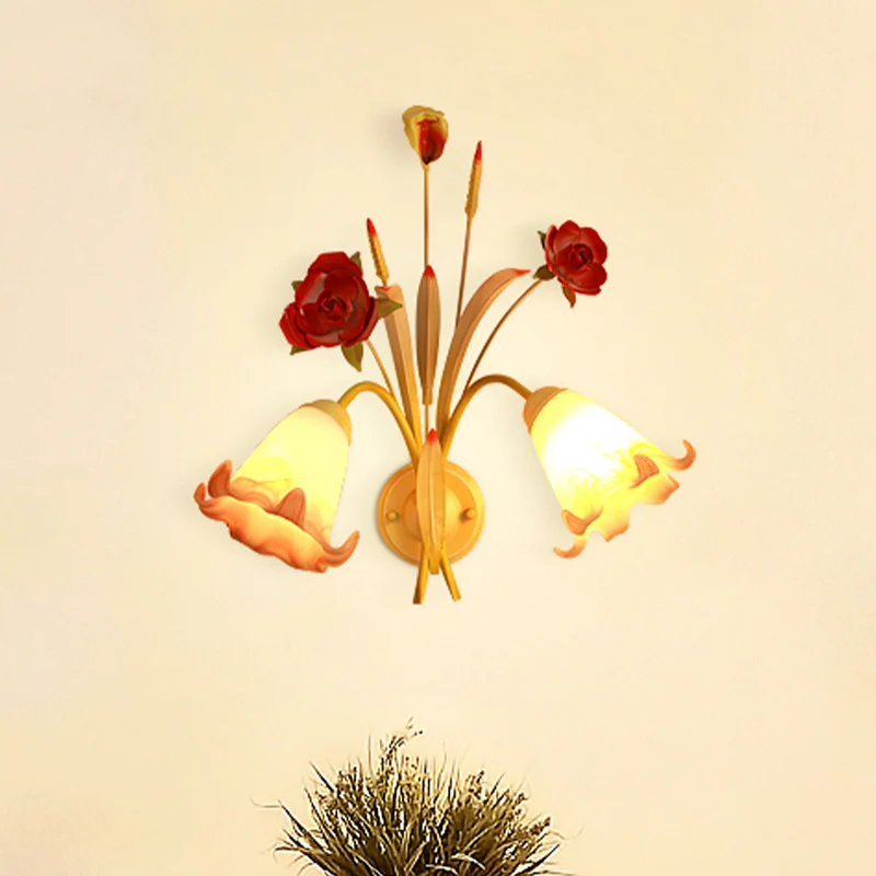 Applique à variateur Applique murale Rose pastorale, 1/2 ampoules, luminaire mural en métal blanc pour chambre à coucher
