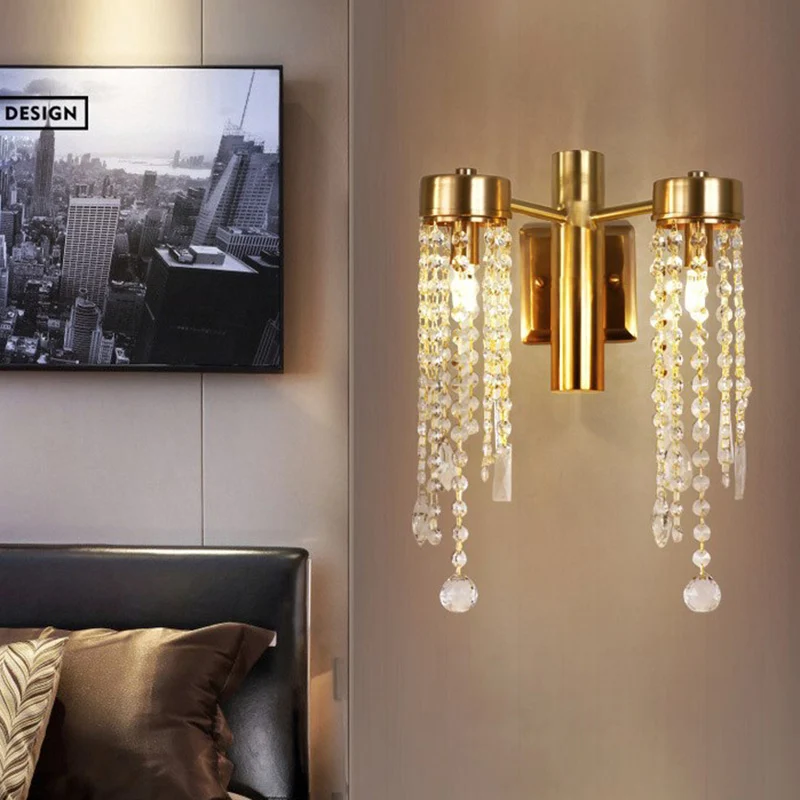 Cascade chambre applique murale lumière Vieux cristal 1/2 têtes or LED luminaire mural