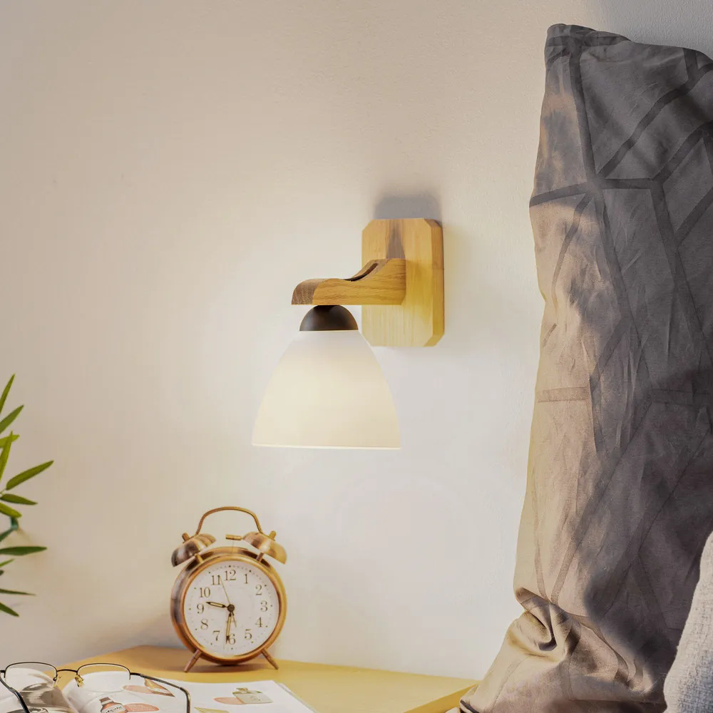 Design Contemporain Applique Haro avec abat-jour de verre, chêne/blanc
