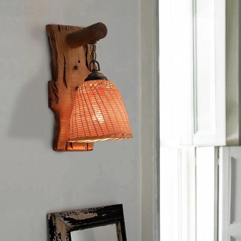 Design Contemporain Applique murale cône/cylindre en bois, luminaire usuel à 1 tête, Beige, avec plaque arrière rectangulaire