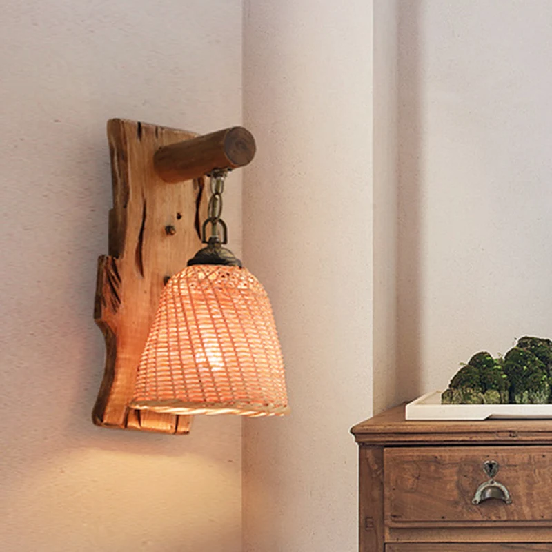 Design Contemporain Applique murale cône/cylindre en bois, luminaire usuel à 1 tête, Beige, avec plaque arrière rectangulaire