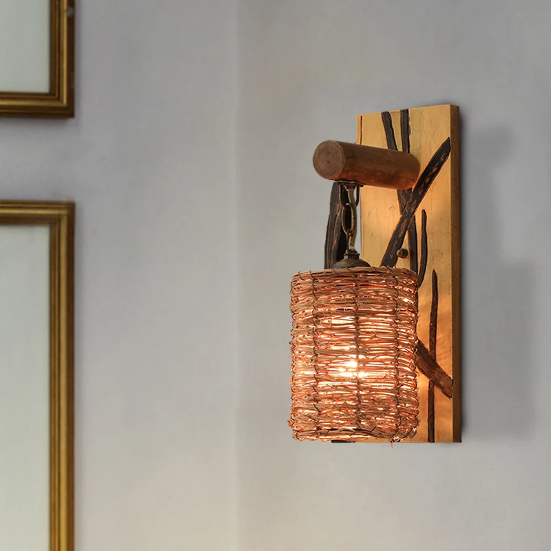 Design Contemporain Applique murale cône/cylindre en bois, luminaire usuel à 1 tête, Beige, avec plaque arrière rectangulaire