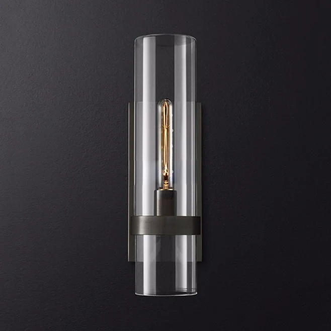 Étanche IP44 Applique cylindrique traditionnelle en verre transparent, 2.5 "/5" de ample, 1 tête, noir/laiton, luminaire m...