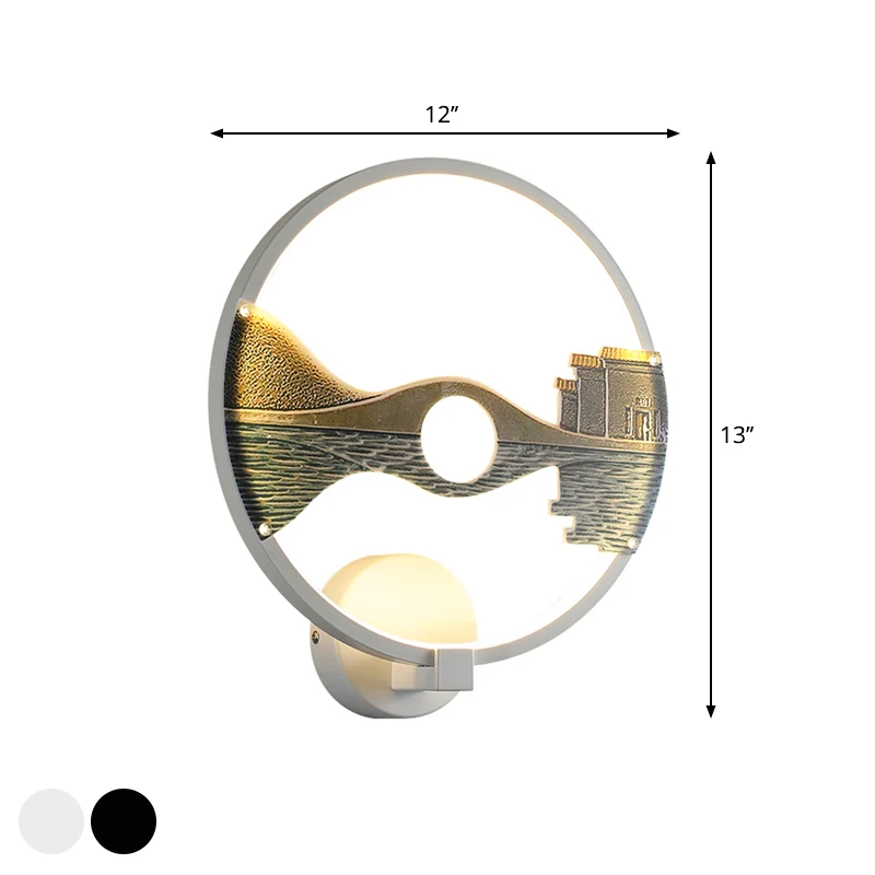 Étanche IP44 Applique murale à pont rond noir/blanc, luminaire mural LED en acrylique de Style Oriental