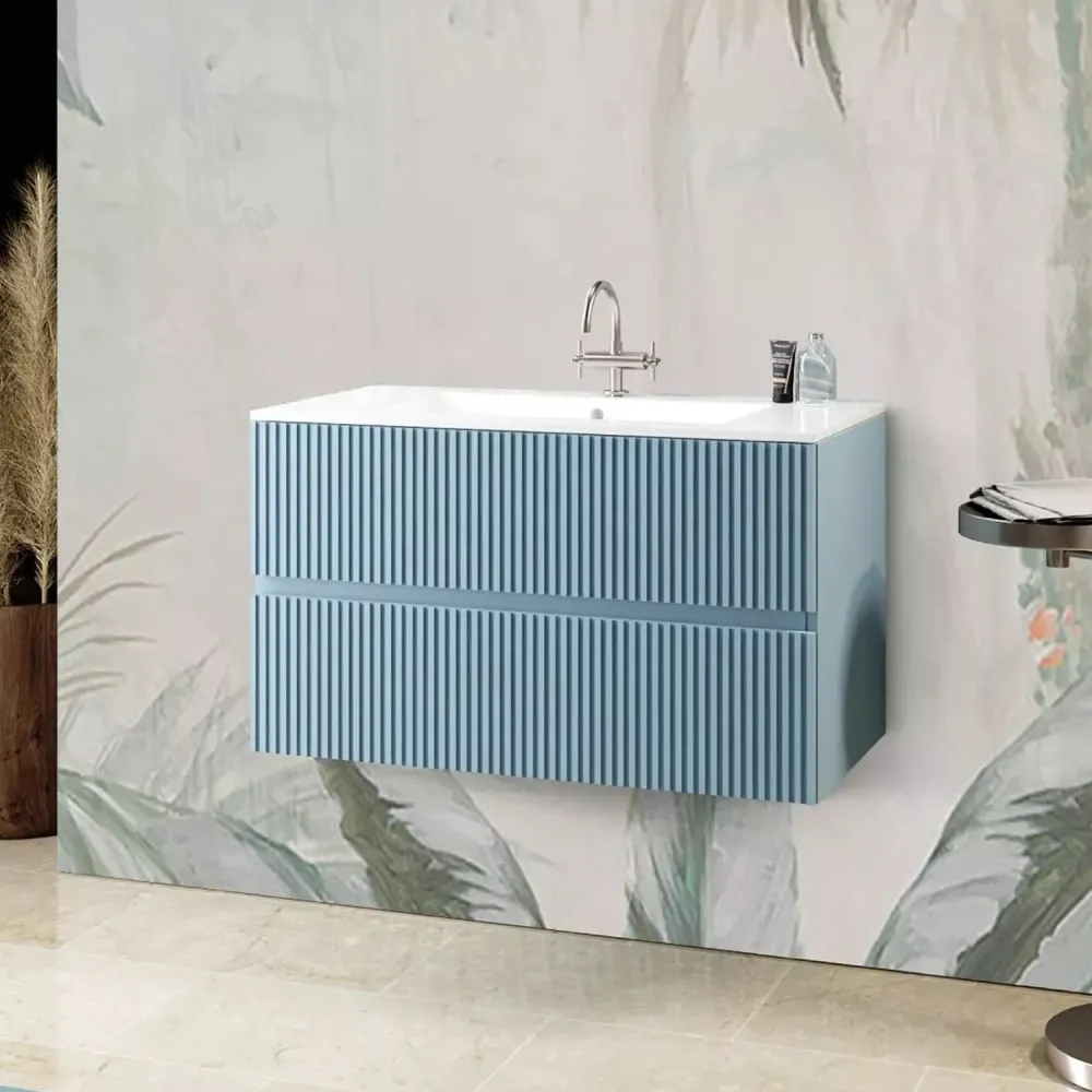 Professionnel Haute Performance Meuble de salle de bain suspendu avec lavabo intégré modèle Splendore - Bleu Poussière