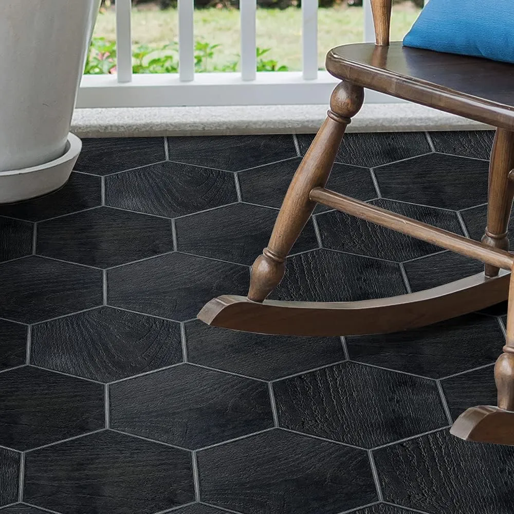 Panneaux autocollants de sol en VINYLE (6 pcs) imperméables et antidérapants hexagonaux 23cmx20cm, Noir