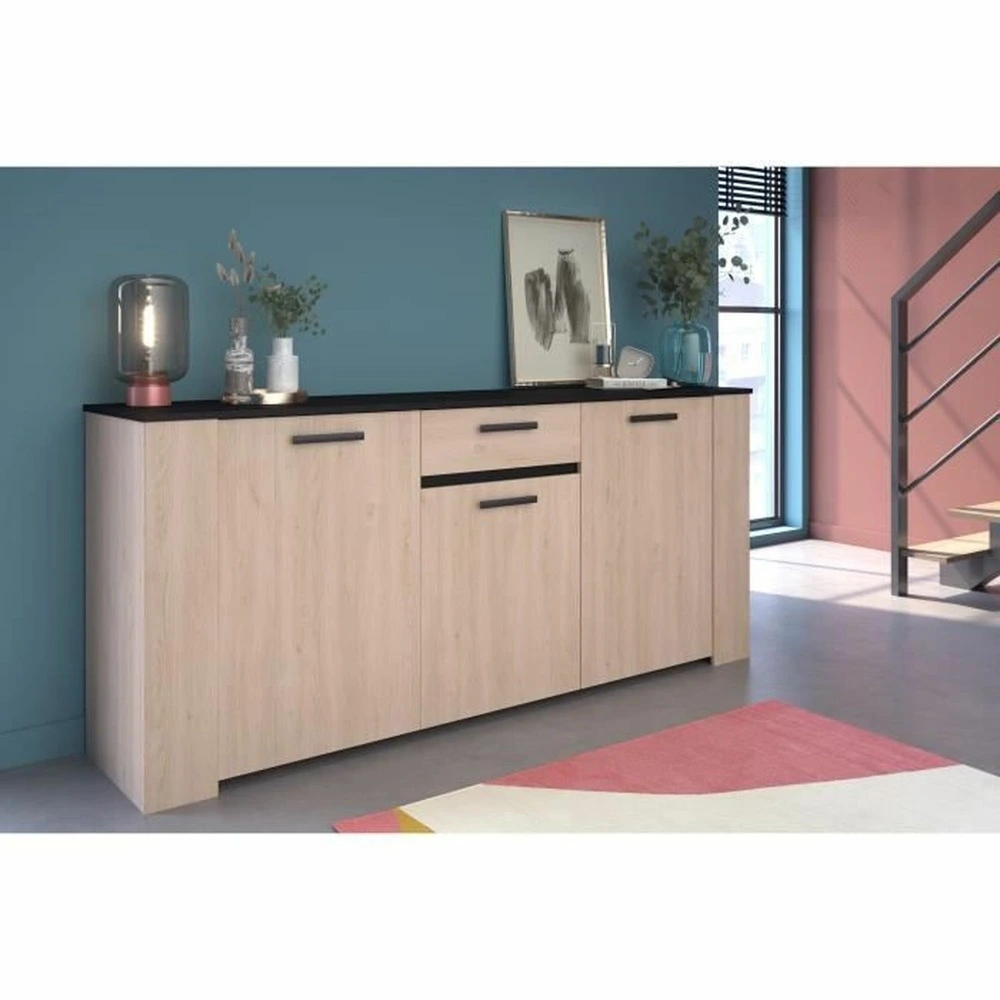 Buffet chêne contemporain brooklyn et noir 3 portes + 1 tiroir 182 x 40 x hauteur 80 cm