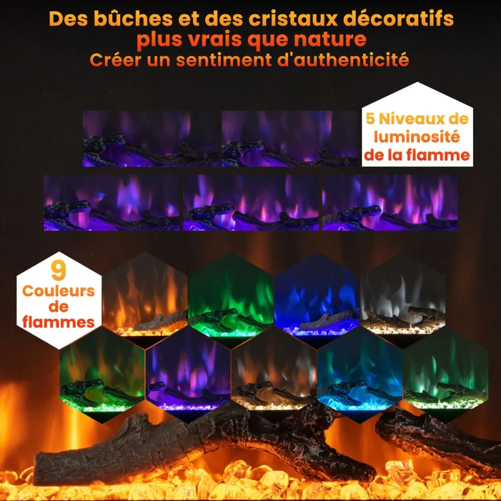 Cheminée électrique murale autoportante 91,5 cm cheminée chauffage avec 9 couleurs de flamme 750 w / 1500 w avec télécomma...