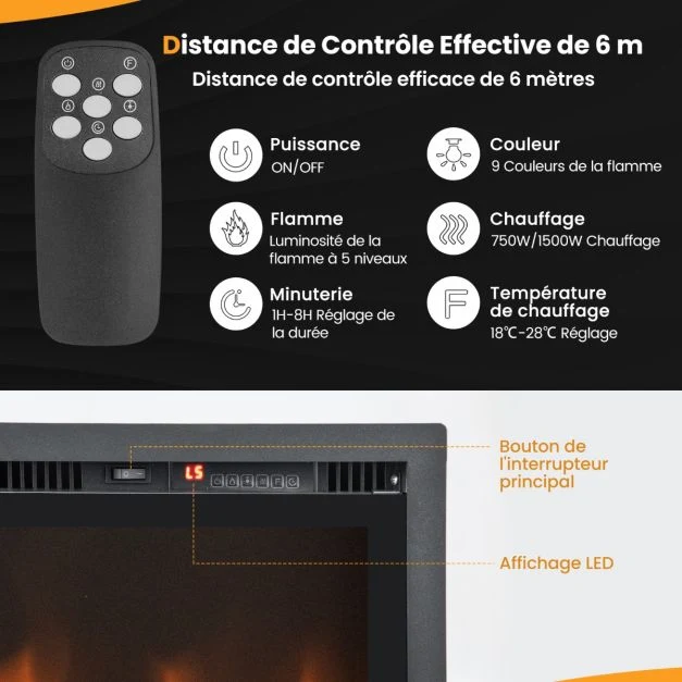 Cheminée électrique murale autoportante 91,5 cm cheminée chauffage avec 9 couleurs de flamme 750 w / 1500 w avec télécomma...