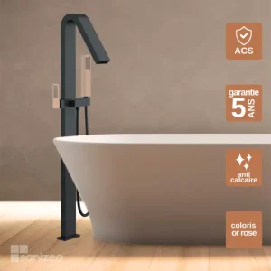 Mitigeur de Baignoire et Douche anti-calcaire sur pied Noir et Or Rose IMEX Sanizéo SUECIA BBEC32/NOR