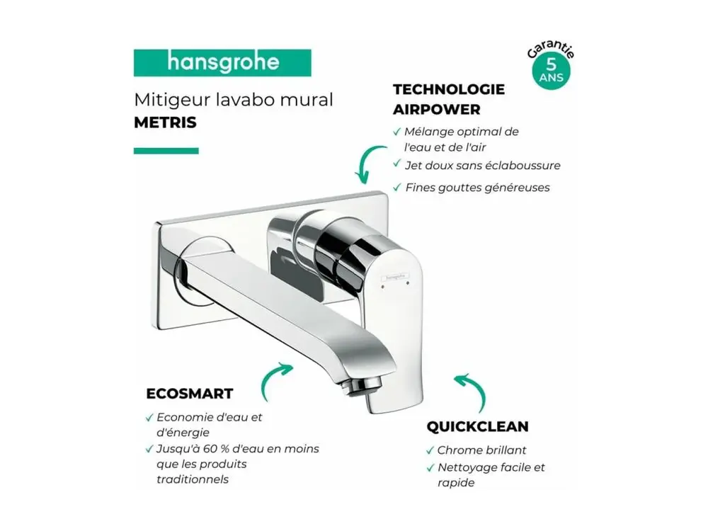 Mitigeur lavabo mural HANSGROHE Metris + corps encastré | Economie d'eau