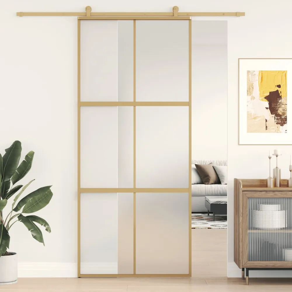 Porte coulissante doré 90x205 cm verre ESG dépoli et aluminium