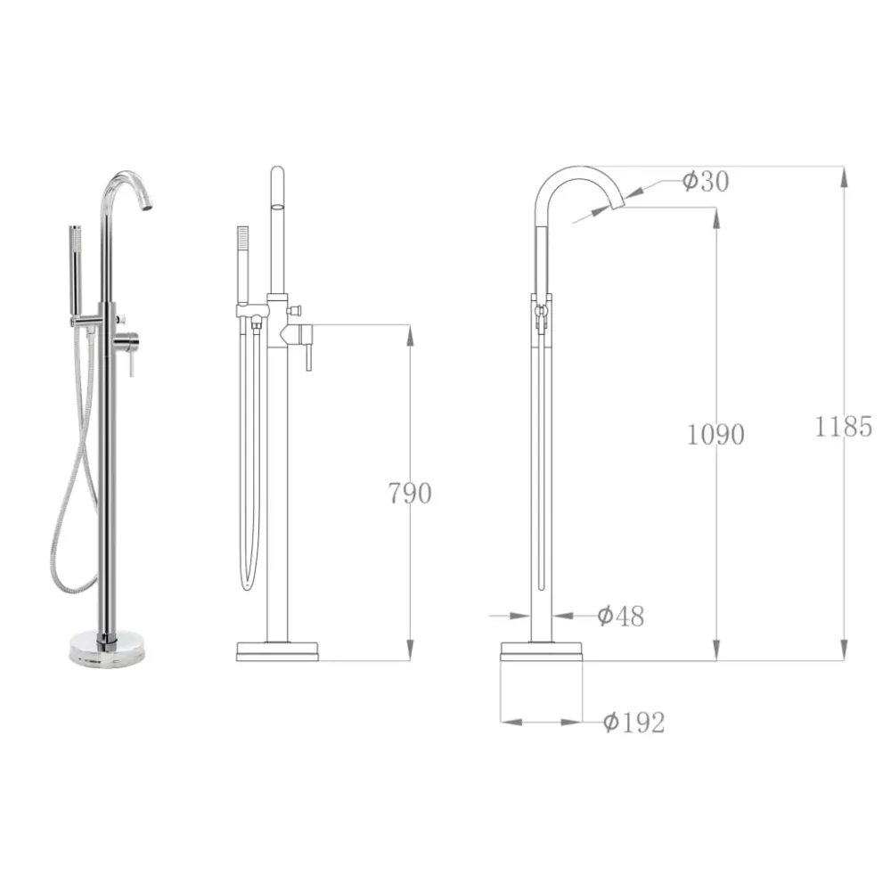 Robinet de baignoire sur pied douche mitigeur douchette salle de bain maison fixation au sol autoportant 118,5 cm acier in...