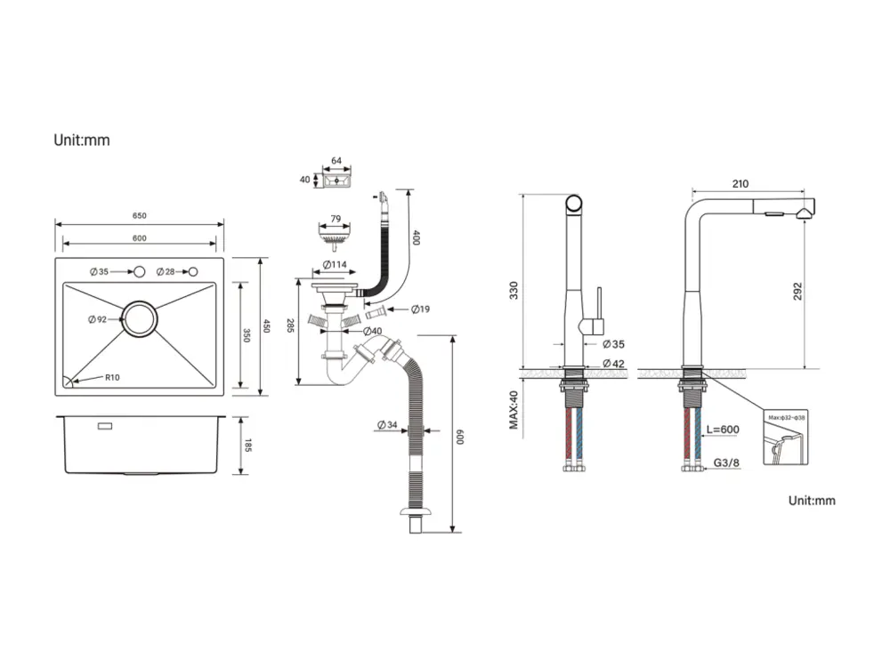 Évier Cuisine 1 Bac Inox Noir 65x45CM,encastré/à Poser+Robinet Cuisine avec Douchette Extractible Rotatif 360°,Eau Chaude/...
