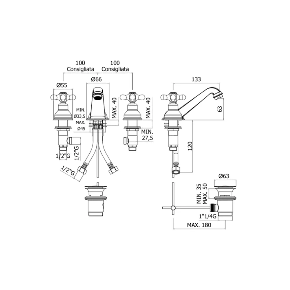 Batterie lavabo avec bec d'époque Paffoni série Iris - Chrome/Blanc