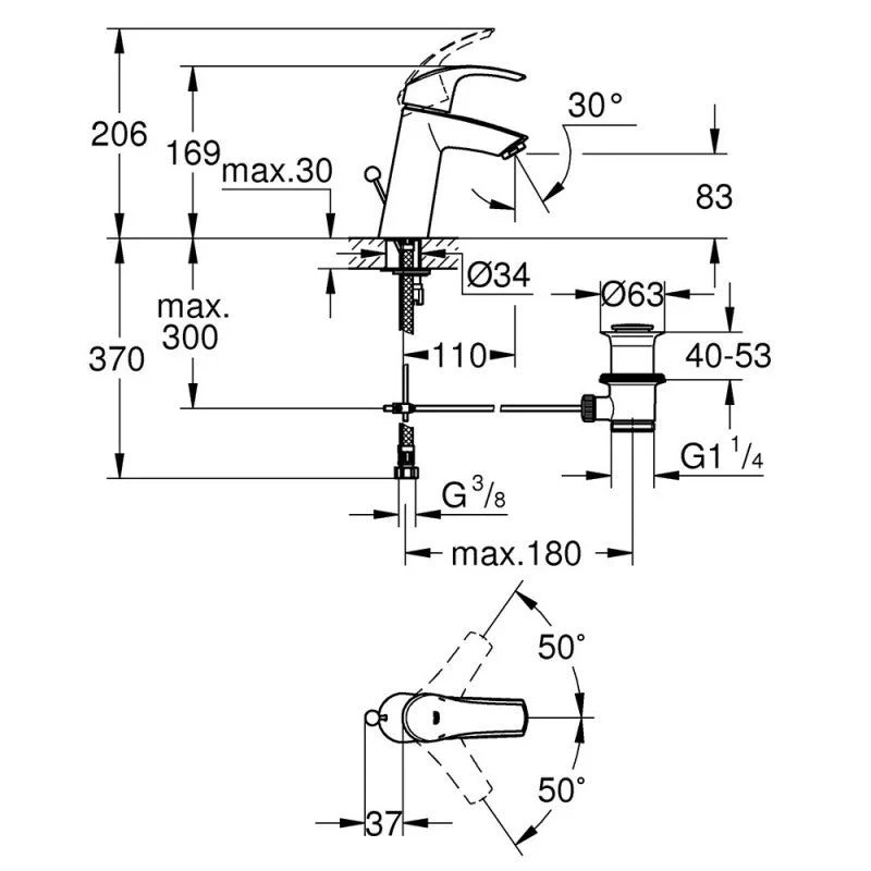 Mitigeur lavabo EUROSMART GROHE 23322001 - taille M - bec bas - acier chromé