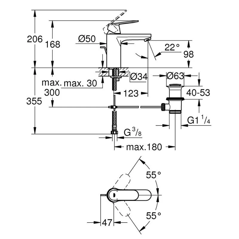 Mitigeur lavabo EUROSMART GROHE 23325000 - taille M - bec droit - avec vidage - chromé