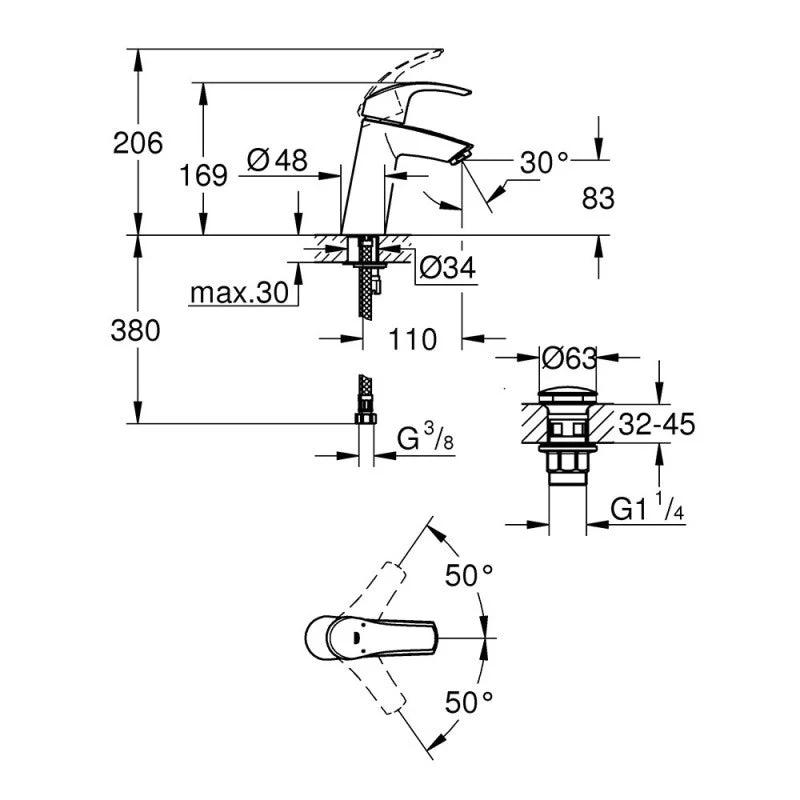 Mitigeur lavabo EUROSMART GROHE 23923002 bec bas - taille M - chromé