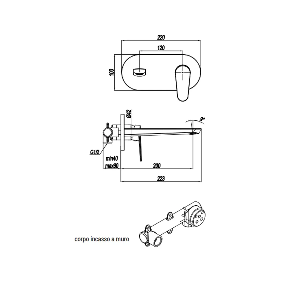 Mitigeur monocommande lavabo mural avec plaque RubiFlux série Ampra bec 20 cm - Chromé