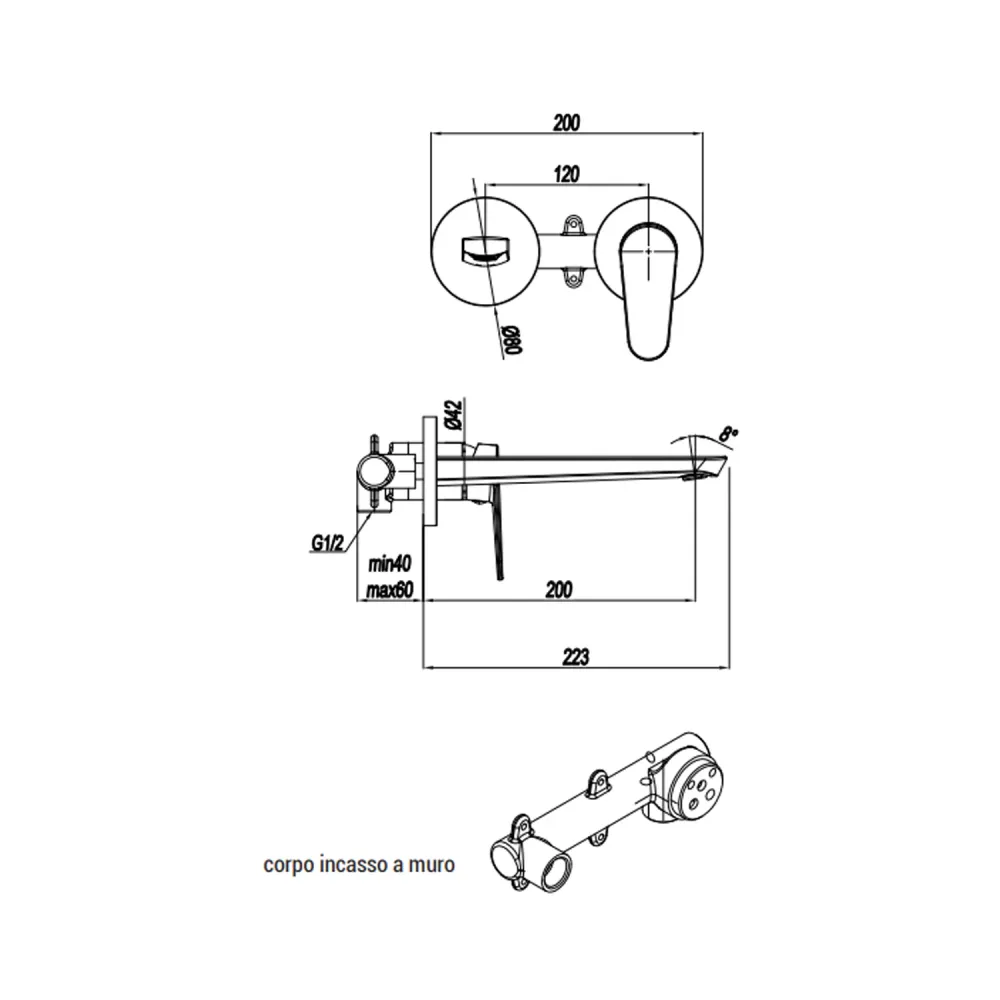Mitigeur monocommande lavabo mural RubiFlux série Ampra bec 20 cm - Chromé avec Pack de 6