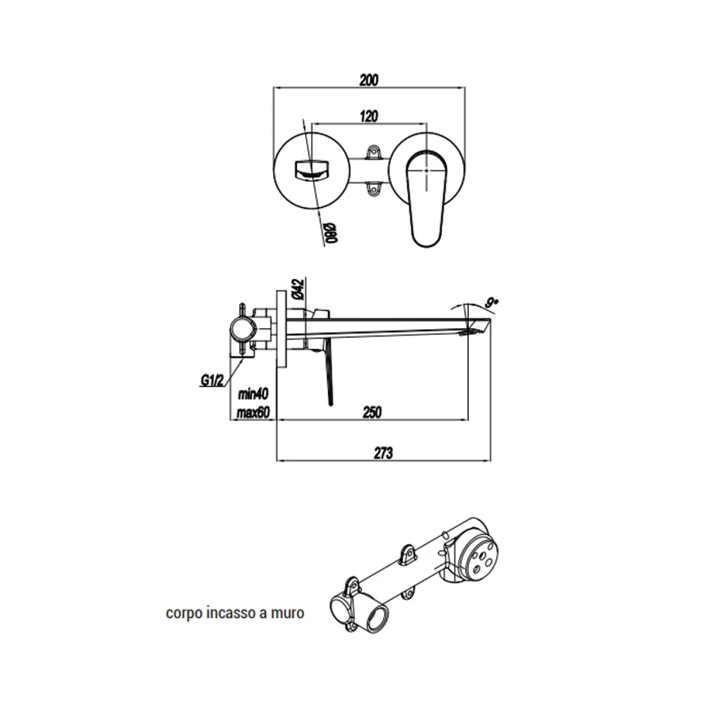 Mitigeur monocommande lavabo mural RubiFlux série Ampra bec 25 cm - Chromé