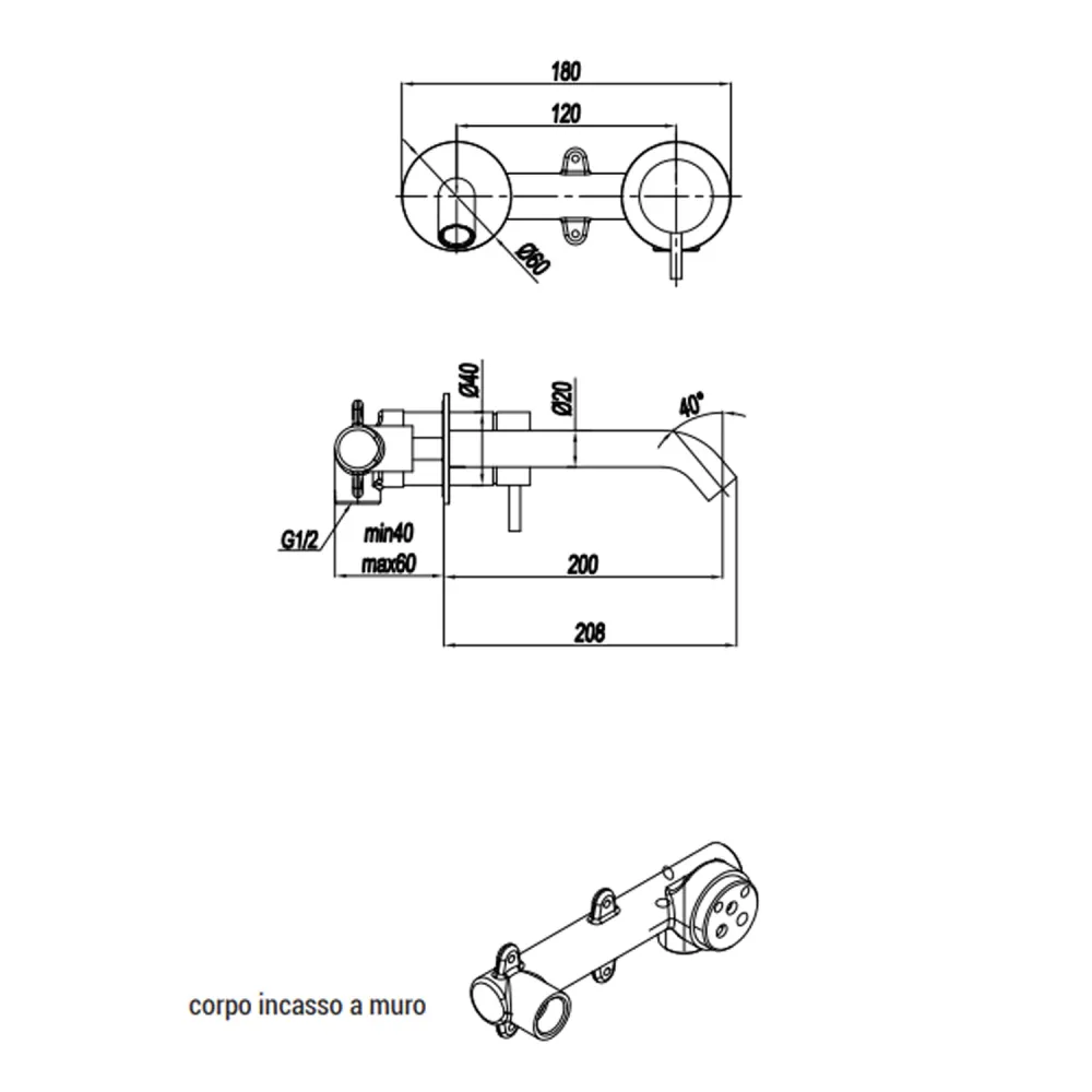 Mitigeur monocommande lavabo mural RubiFlux série Aria bec 20 cm - Acier satiné - Compatibilité Universelle