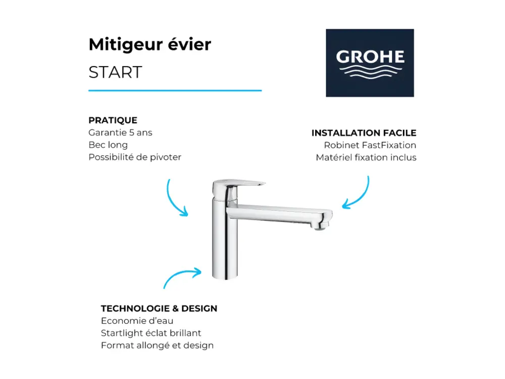Résistant à la Corrosion Robinet de cuisine bec médium GROHE Start Curve Quickfix chromé + nettoyant GrohClean