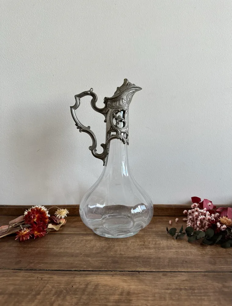Aiguière verre moulé métal argenté art déco Style industriel